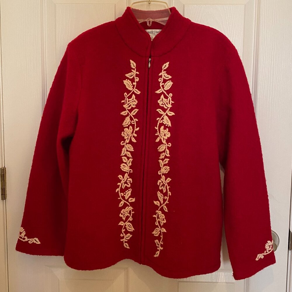 red wool zip front jacket
